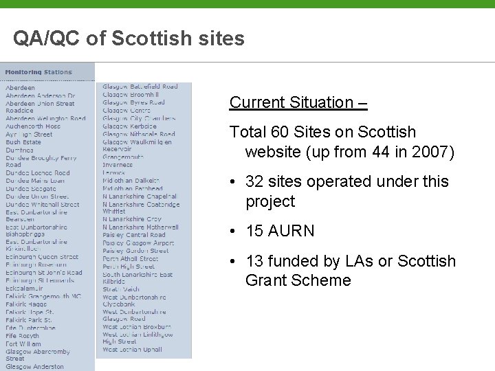 QA/QC of Scottish sites Current Situation – Total 60 Sites on Scottish website (up