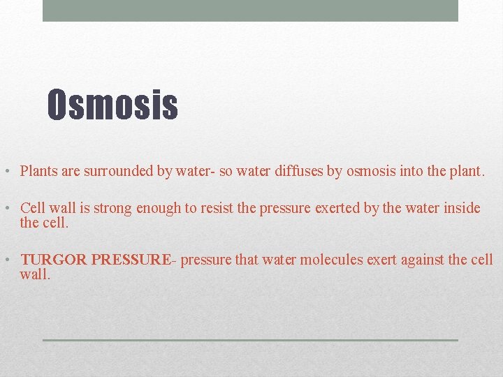 Osmosis • Plants are surrounded by water- so water diffuses by osmosis into the