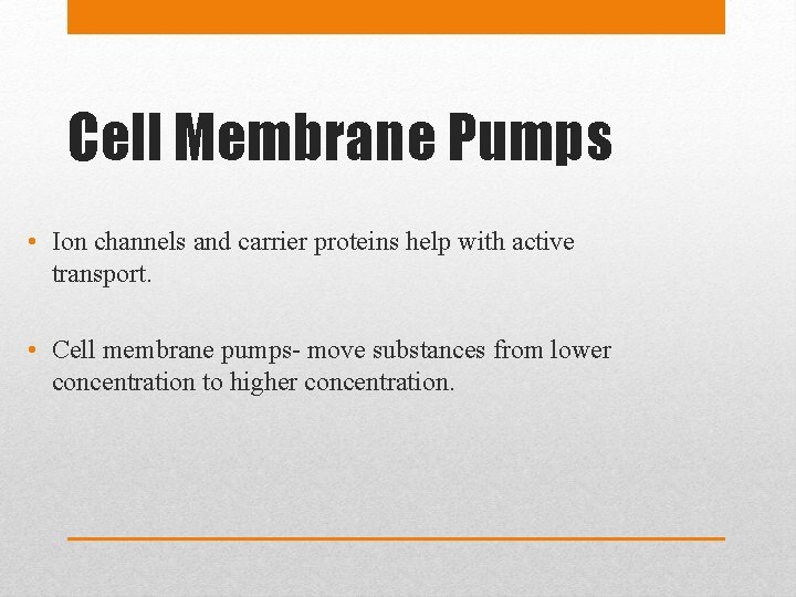 Cell Membrane Pumps • Ion channels and carrier proteins help with active transport. •