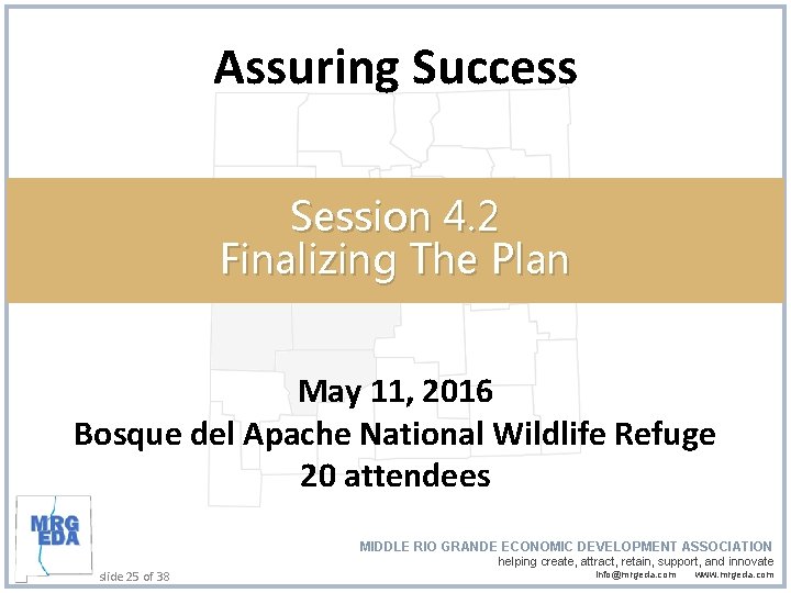 Assuring Success Session 4. 2 Finalizing The Plan May 11, 2016 Bosque del Apache