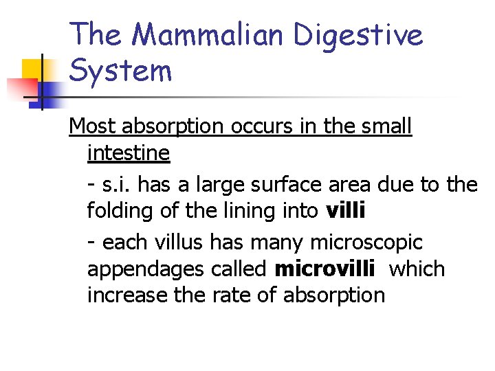 The Mammalian Digestive System Most absorption occurs in the small intestine - s. i.