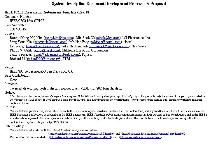 System Description Document Development Process – A Proposal IEEE 802. 16 Presentation Submission Template