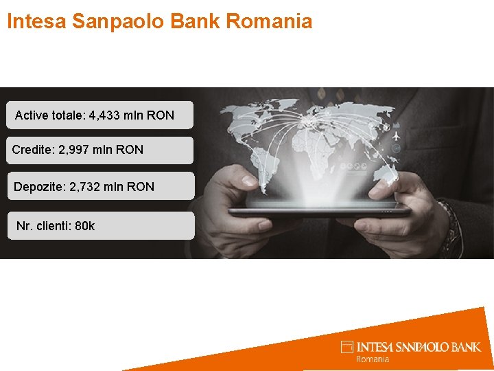 Intesa Sanpaolo Bank Romania Active totale: 4, 433 mln RON Credite: 2, 997 mln