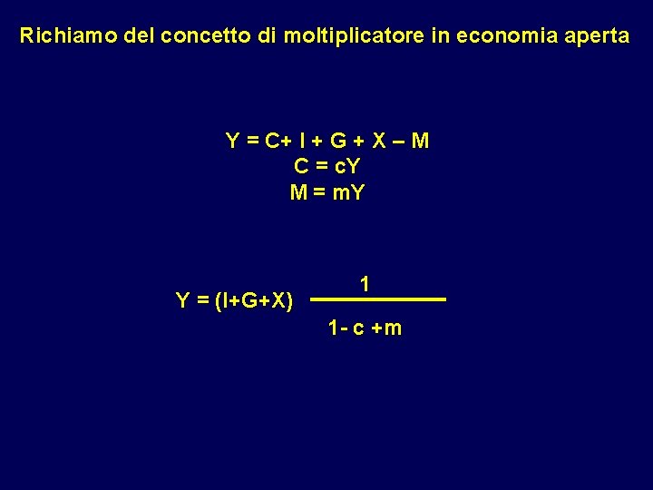 Richiamo del concetto di moltiplicatore in economia aperta Y = C+ I + G