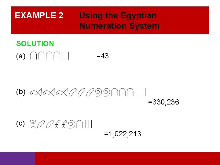 EXAMPLE 2 Using the Egyptian Numeration System SOLUTION (a) =43 (b) =330, 236 (c)