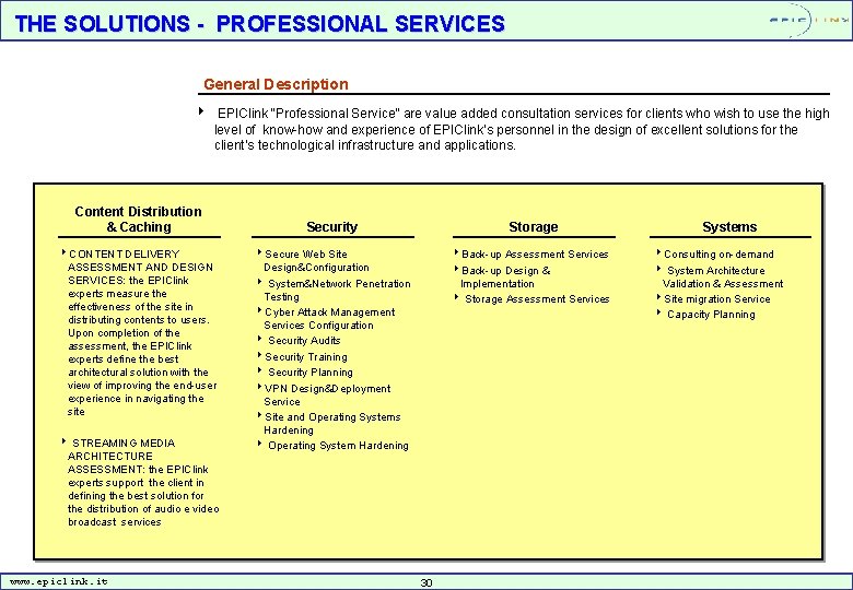 THE SOLUTIONS - PROFESSIONAL SERVICES General Description 8 EPIClink “Professional Service” are value added