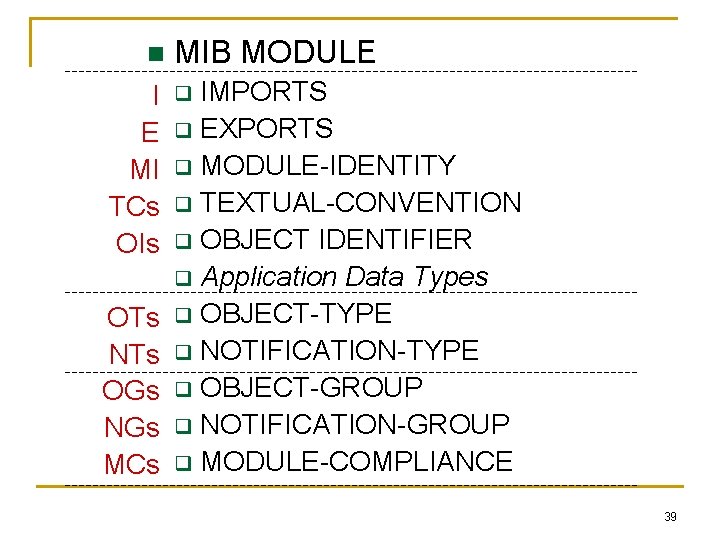 n I E MI TCs OIs OTs NTs OGs NGs MCs MIB MODULE IMPORTS