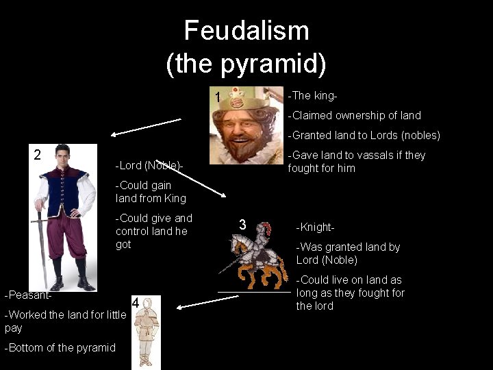 Feudalism (the pyramid) -The king- 1 -Claimed ownership of land -Granted land to Lords