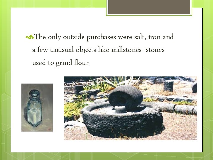  The only outside purchases were salt, iron and a few unusual objects like