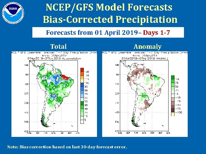 NCEP/GFS Model Forecasts Bias-Corrected Precipitation Forecasts from 01 April 2019– Days 1 -7 Total