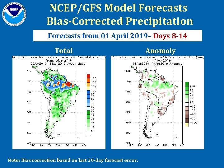NCEP/GFS Model Forecasts Bias-Corrected Precipitation Forecasts from 01 April 2019– Days 8 -14 Total