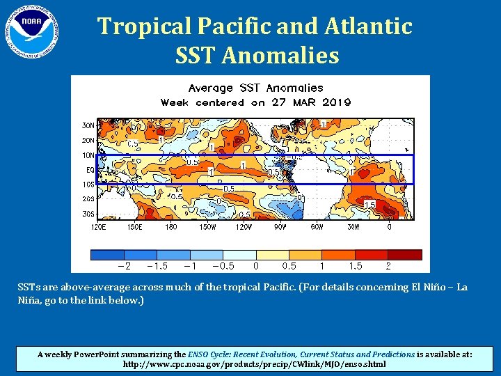 Tropical Pacific and Atlantic SST Anomalies SSTs are above-average across much of the tropical