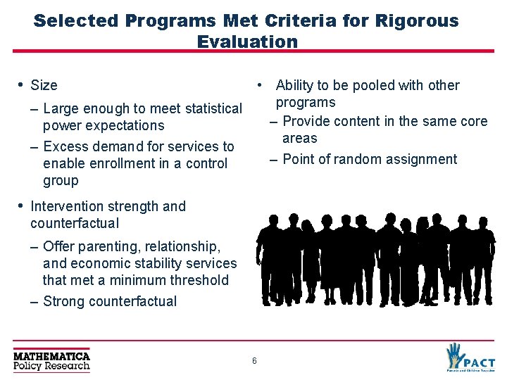 Selected Programs Met Criteria for Rigorous Evaluation • Size • Ability to be pooled