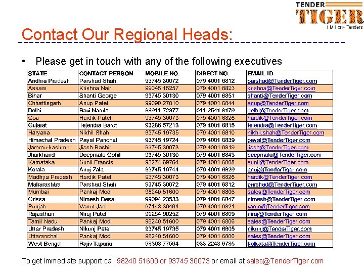 Contact Our Regional Heads: • Please get in touch with any of the following