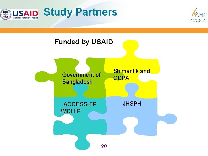 Study Partners Funded by USAID Shimantik and CDPA Government of Bangladesh JHSPH ACCESS-FP /MCHIP