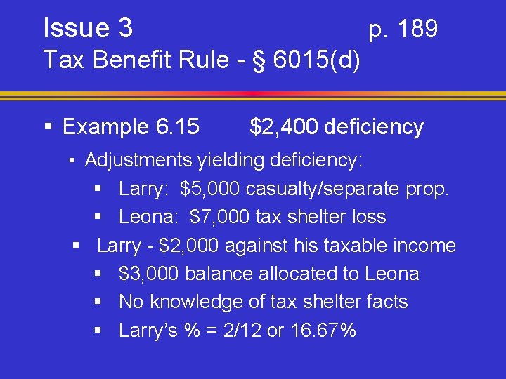 Issue 3 p. 189 Tax Benefit Rule - § 6015(d) § Example 6. 15