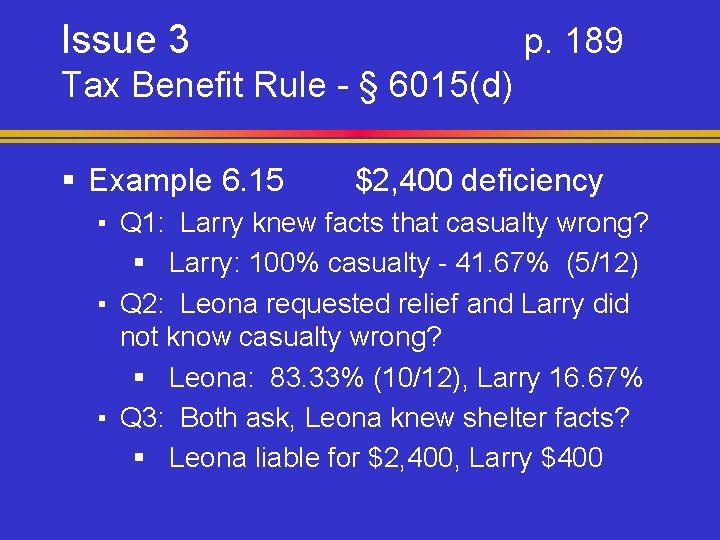 Issue 3 p. 189 Tax Benefit Rule - § 6015(d) § Example 6. 15