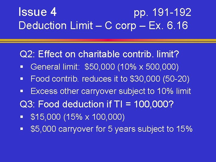 Issue 4 pp. 191 -192 Deduction Limit – C corp – Ex. 6. 16
