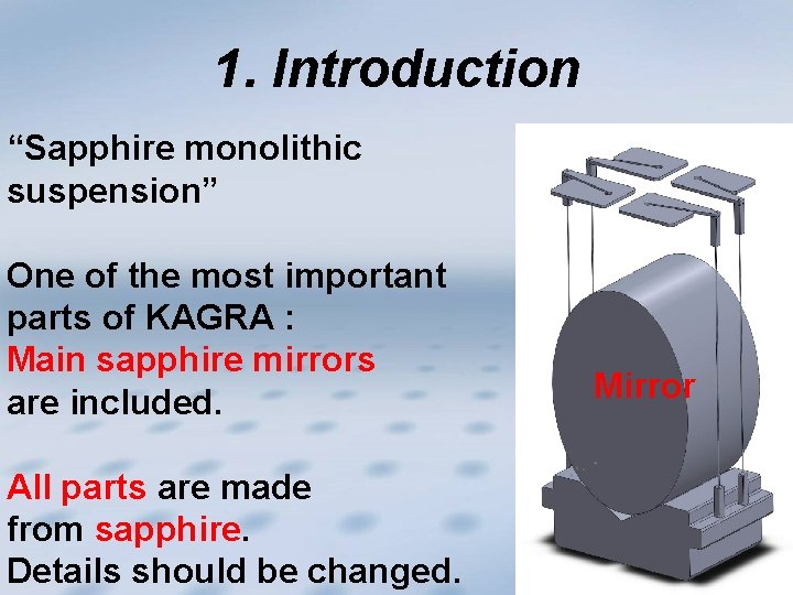 1. Introduction “Sapphire monolithic suspension” One of the most important parts of KAGRA :