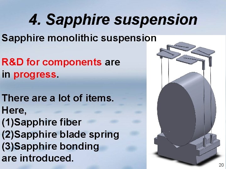 4. Sapphire suspension Sapphire monolithic suspension R&D for components are in progress. There a