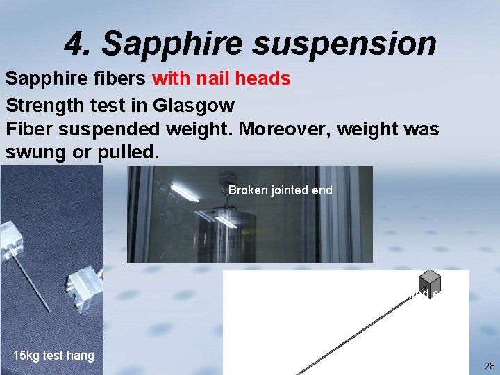 4. Sapphire suspension Sapphire fibers with nail heads Strength test in Glasgow Fiber suspended