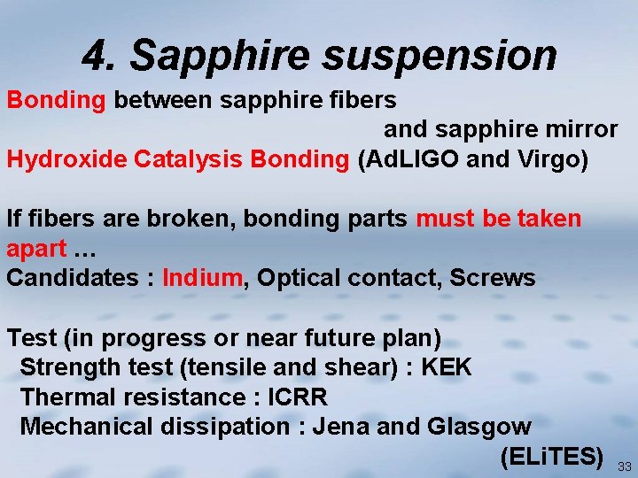 4. Sapphire suspension Bonding between sapphire fibers and sapphire mirror Hydroxide Catalysis Bonding (Ad.