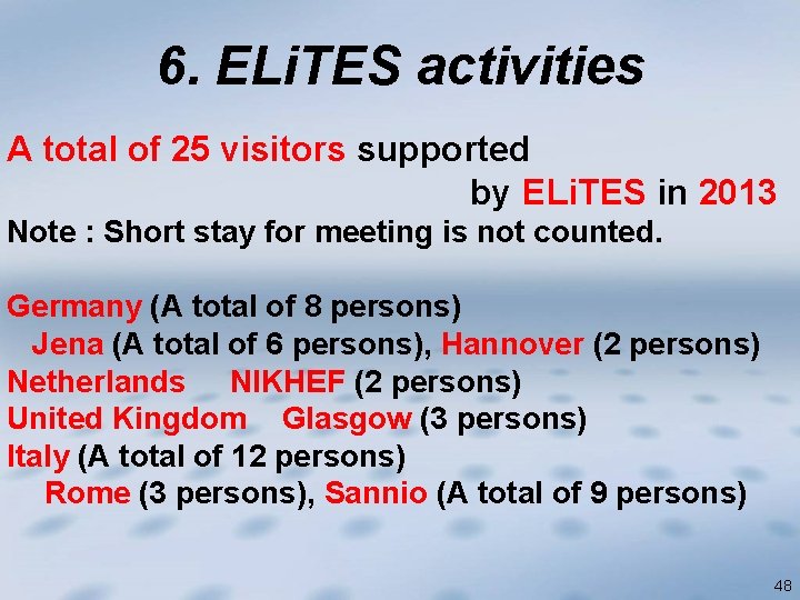 6. ELi. TES activities A total of 25 visitors supported by ELi. TES in