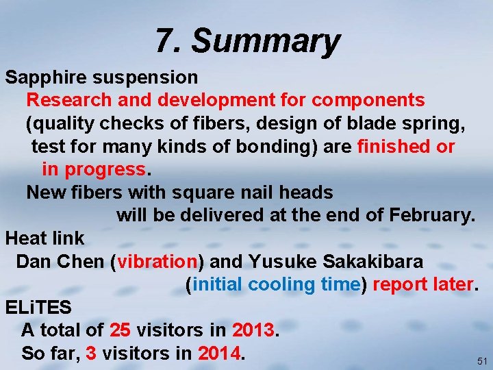 7. Summary Sapphire suspension Research and development for components (quality checks of fibers, design