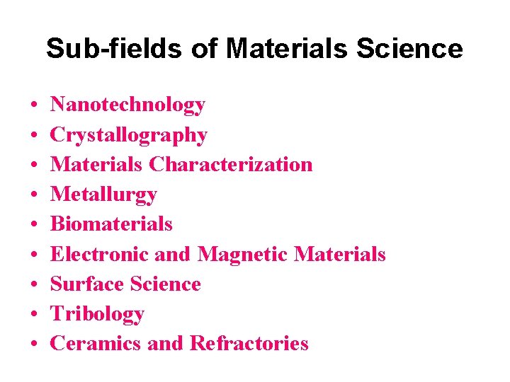 Sub-fields of Materials Science • • • Nanotechnology Crystallography Materials Characterization Metallurgy Biomaterials Electronic Sub-fields of Materials Science • • • Nanotechnology Crystallography Materials Characterization Metallurgy Biomaterials Electronic