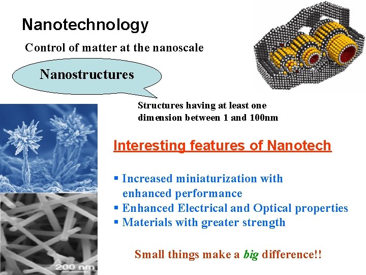 Nanotechnology Control of matter at the nanoscale Nanostructures Structures having at least one dimension Nanotechnology Control of matter at the nanoscale Nanostructures Structures having at least one dimension