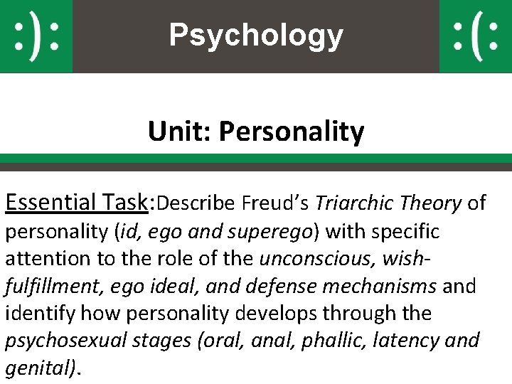 Psychology Unit: Personality Essential Task: Describe Freud’s Triarchic Theory of personality (id, ego and