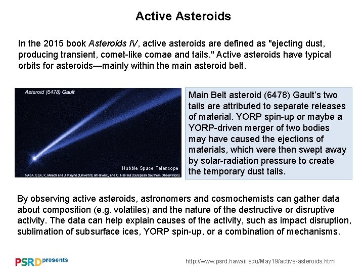 Active Asteroids In the 2015 book Asteroids IV, active asteroids are defined as "ejecting