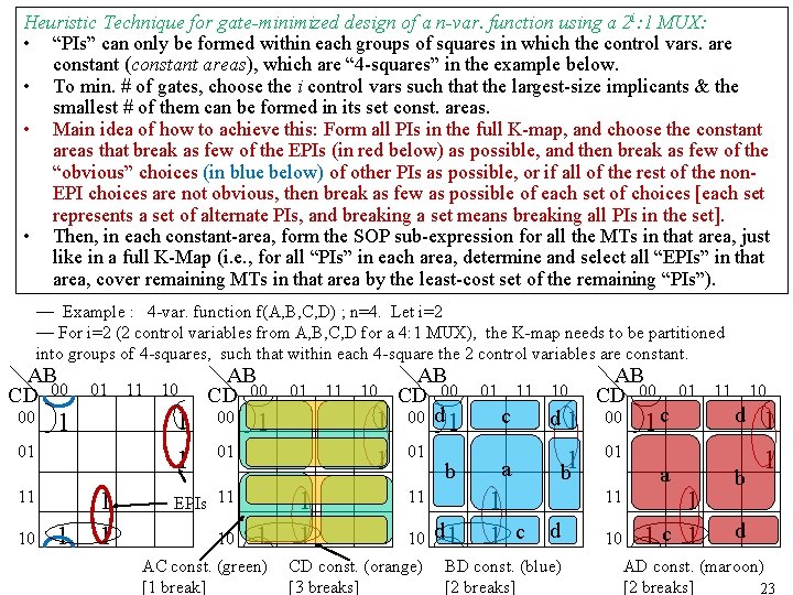 Heuristic Technique for gate-minimized design of a n-var. function using a 2 i: 1