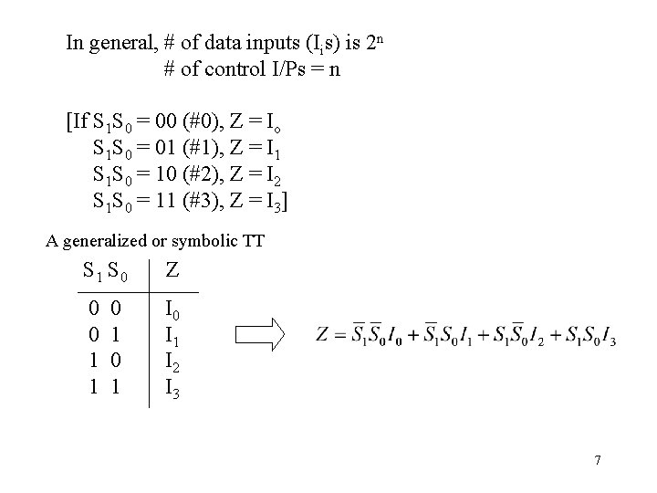 In general, # of data inputs (Iis) is 2 n # of control I/Ps