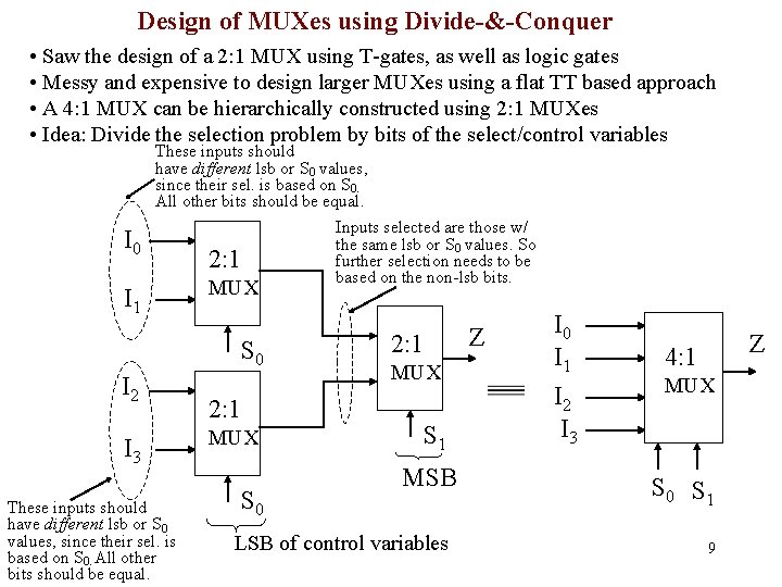 Design of MUXes using Divide-&-Conquer • Saw the design of a 2: 1 MUX