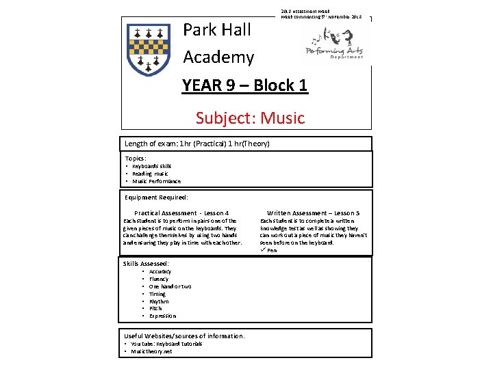 2018 Assessment Week commencing 5 th November 2018. Park Hall Academy YEAR 9 –