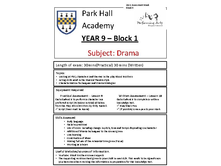 2018 Assessment Week 9 Park Hall Academy YEAR 9 – Block 1 Subject: Drama