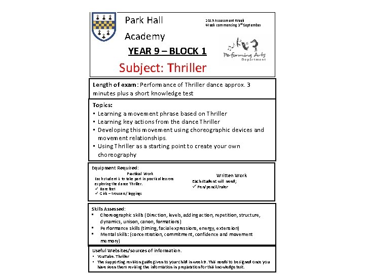 Park Hall 2019 Assessment Week commencing 3 rd September Academy YEAR 9 – BLOCK