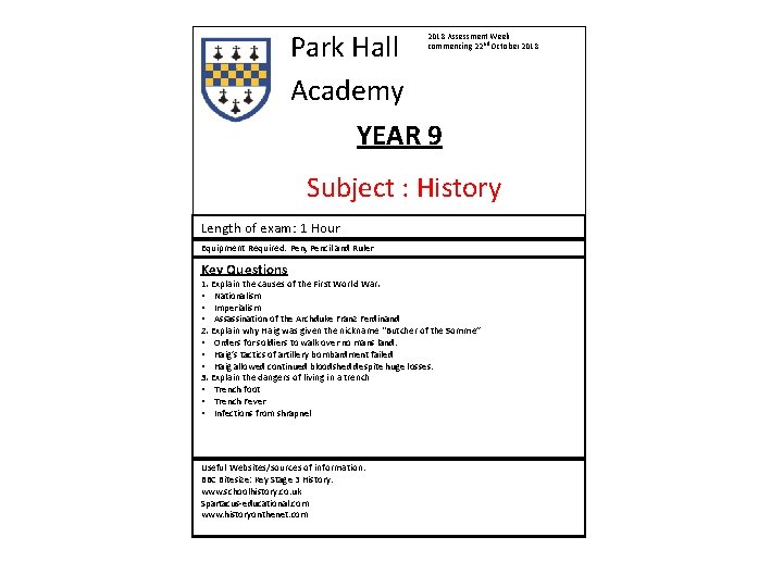 Park Hall Academy YEAR 9 2018 Assessment Week commencing 22 nd October 2018 Subject