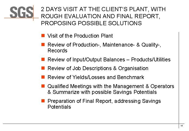 2 DAYS VISIT AT THE CLIENT‘S PLANT, WITH ROUGH EVALUATION AND FINAL REPORT, PROPOSING