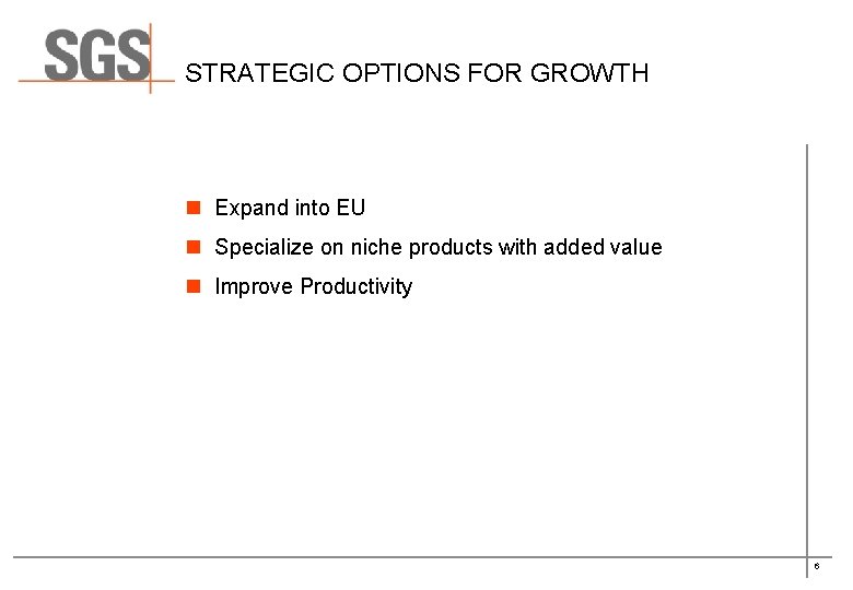 STRATEGIC OPTIONS FOR GROWTH n Expand into EU n Specialize on niche products with