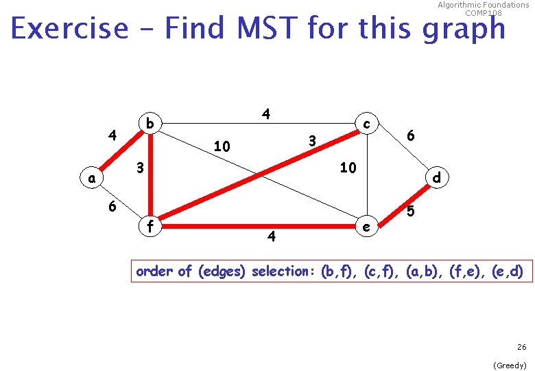 Algorithmic Foundations COMP 108 Exercise – Find MST for this graph 4 b 4