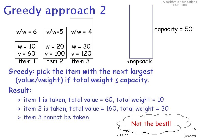 Algorithmic Foundations COMP 108 Greedy approach 2 v/w = 6 v/w=5 v/w = 4