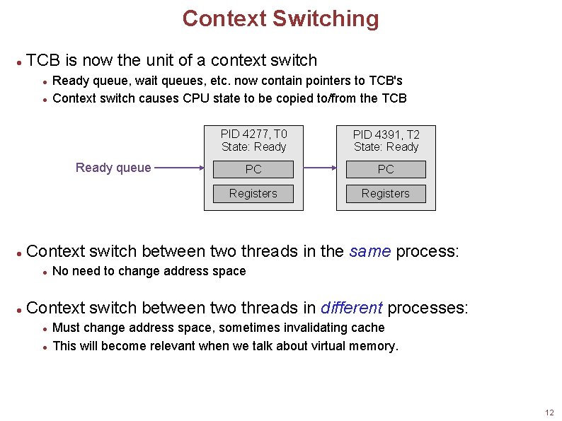 Context Switching TCB is now the unit of a context switch Ready queue, wait