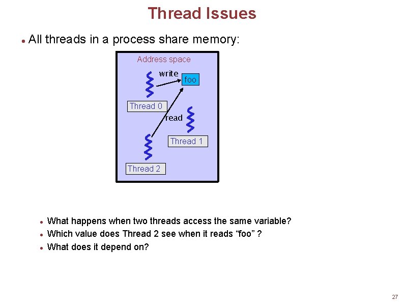 Thread Issues All threads in a process share memory: Address space write foo Thread