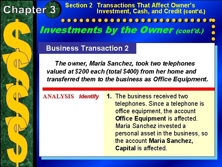 Section 2 Transactions That Affect Owner’s Investment, Cash, and Credit (cont'd. ) Investments by