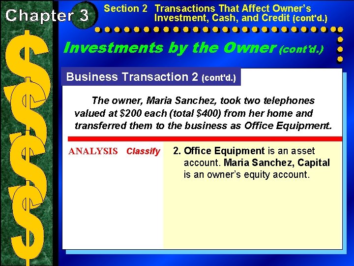 Section 2 Transactions That Affect Owner’s Investment, Cash, and Credit (cont'd. ) Investments by Section 2 Transactions That Affect Owner’s Investment, Cash, and Credit (cont'd. ) Investments by