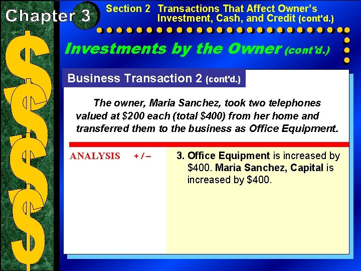 Section 2 Transactions That Affect Owner’s Investment, Cash, and Credit (cont'd. ) Investments by