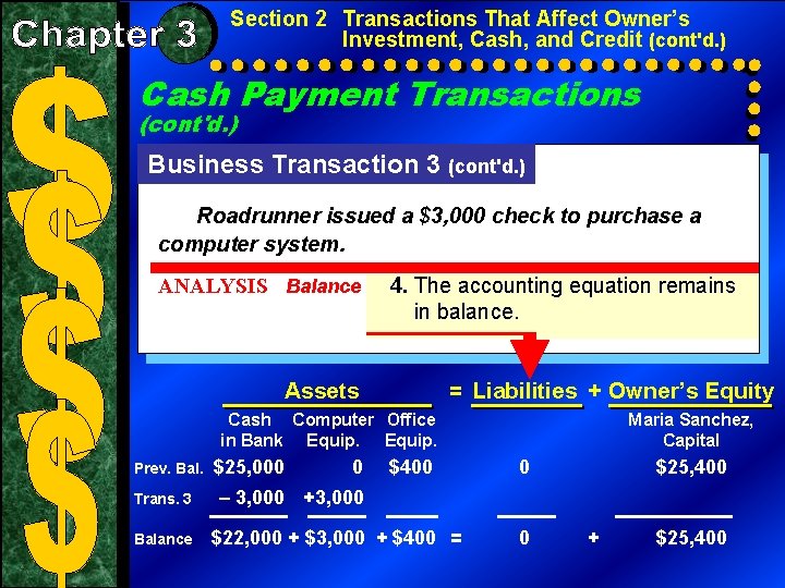 Section 2 Transactions That Affect Owner’s Investment, Cash, and Credit (cont'd. ) Cash Payment