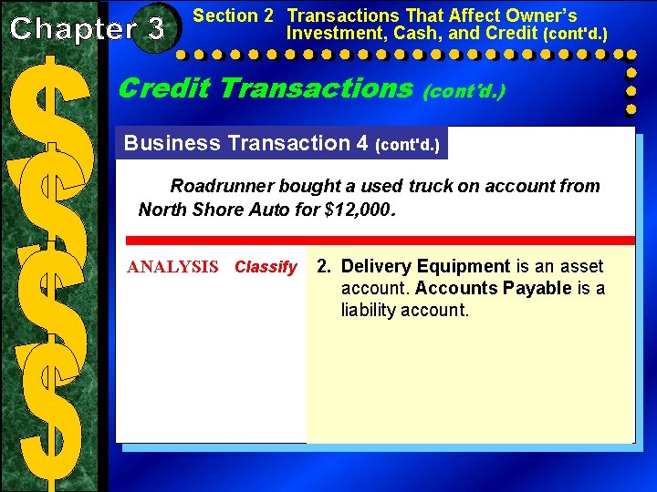 Section 2 Transactions That Affect Owner’s Investment, Cash, and Credit (cont'd. ) Credit Transactions Section 2 Transactions That Affect Owner’s Investment, Cash, and Credit (cont'd. ) Credit Transactions